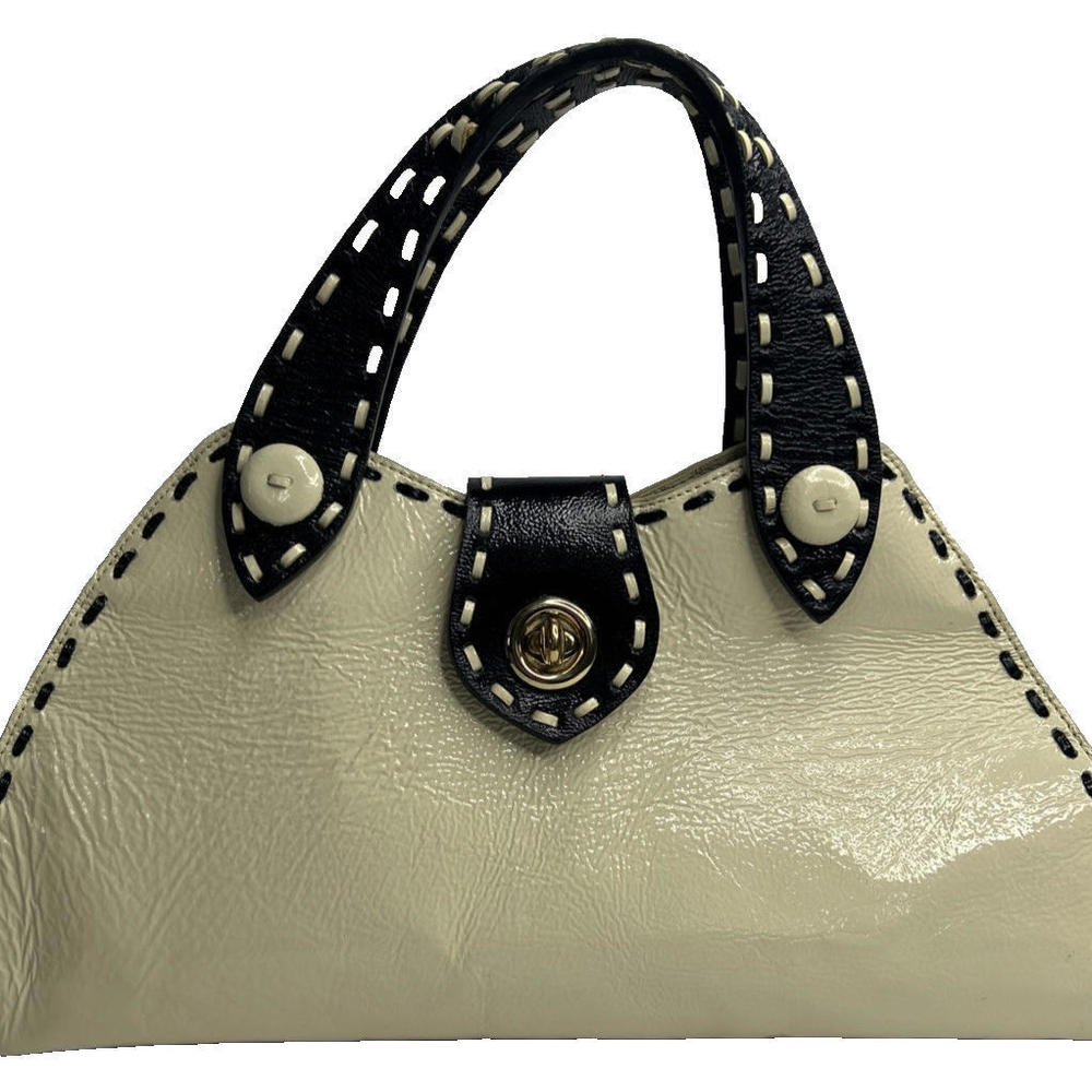 BEVERLY FELDMAN LEATHER OFF WHITE WITH BLACK TRIM HANDHELD BAG